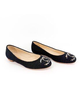 Chanel Black Boucle Tweed Crystal CC Logo Ballet Flats Size 38 US 7-7.5